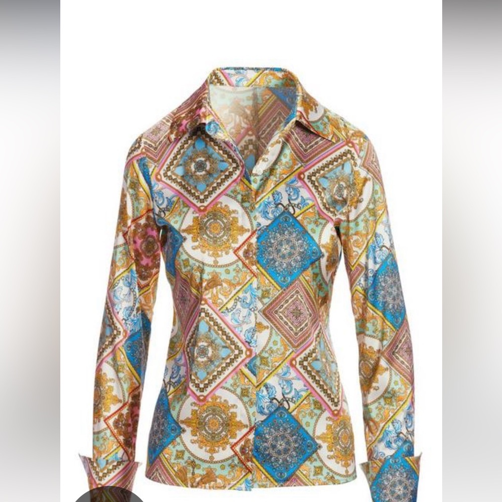 Patchwork Status Sophia Button Up Charmeuse Blouse - Picture 2 of 5